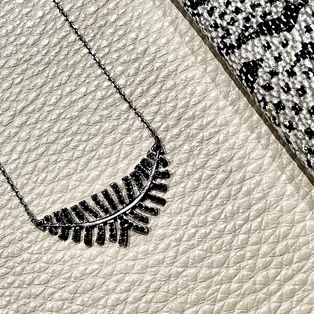 Leaf Necklace, Silver with Black Jewels